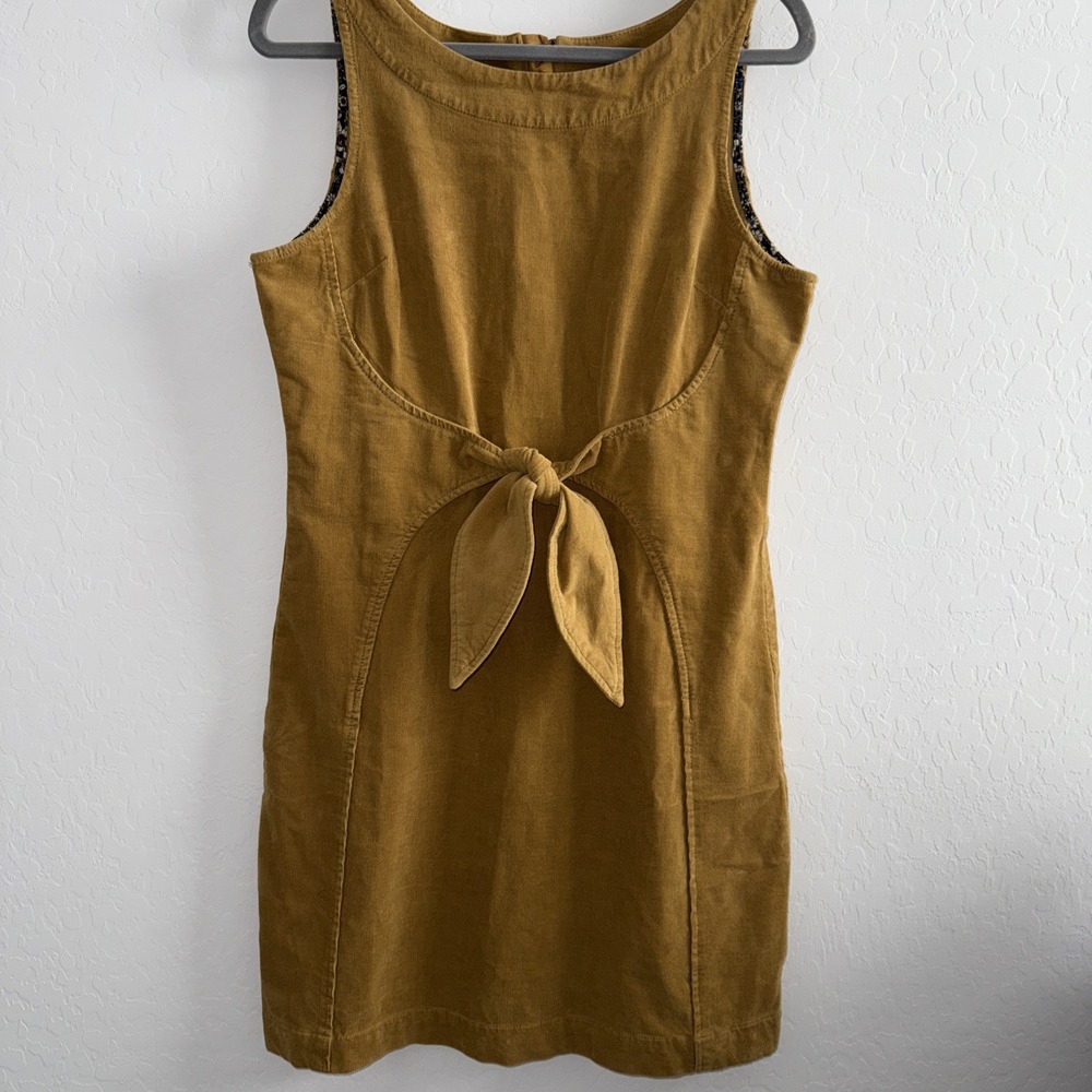 Holding Horses Anthropologie Mustard Yellow Corduroy Front Tie Sheath Dress Sz 8